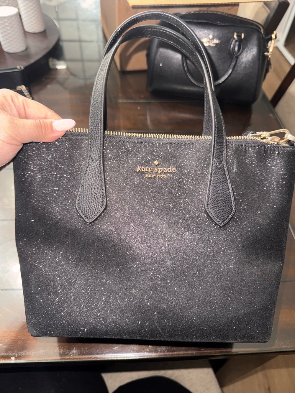 kate spade Black Glitter Small Satchel with Gold Hardware